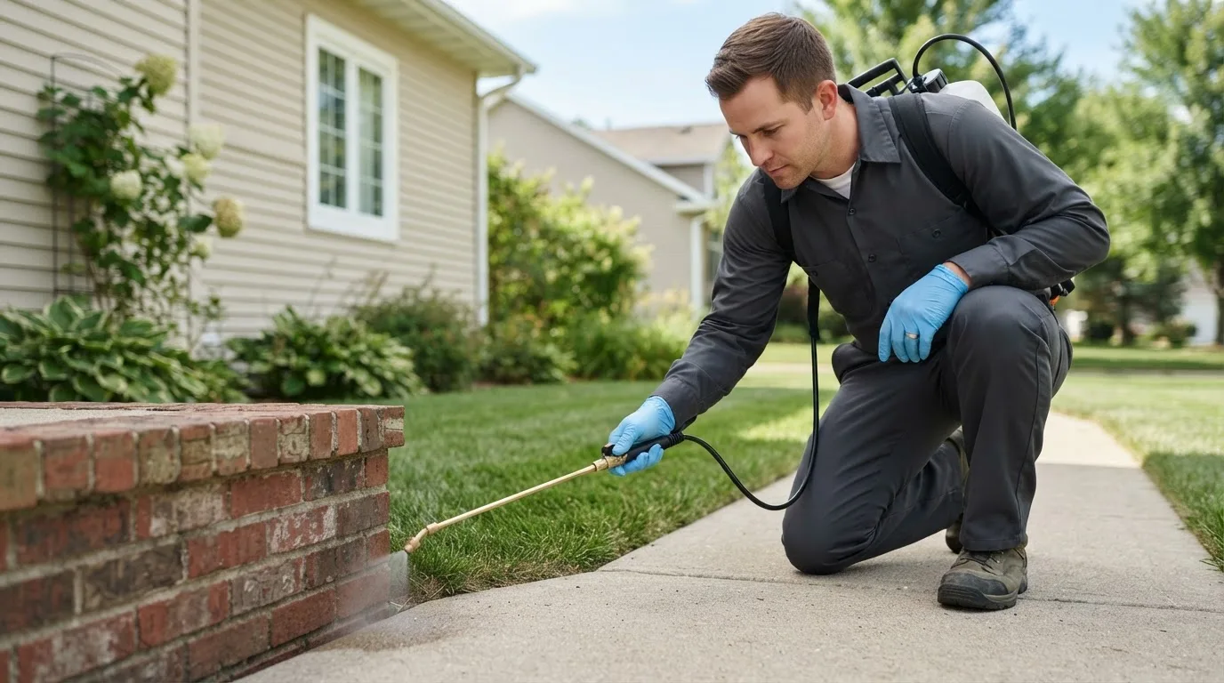 Pest control technician treating a home near Rawlings, VA